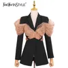 TWOTWINSTYLE Casual Hollow Out Blazer For Women Notched Long Sleeve Patchwork Mesh Hit Color Blazers Female Fashion 211122