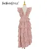 Vintage Asymmetrical Print Dresses V Neck Butterfly Short Sleeve High Waist Cascading Ruffle Summer Dress Women 210520