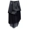 Mesh PU lederen rok vrouwen zwarte asymmetrische patchwork dames midi mode kleding 210427