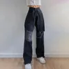 Fashion Women Sexy Solid Colors Ripped Hole Denim Trousers Casual High Waist Loose Straight-leg Jeans Pants Pantalones Mujer#g3 Women's