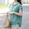 夏の女性のシャツプラスサイズのピーターパンカラールーズカジュアル半袖シャツソリッドコットンヴィンテージブラウス女性リネントップD117 210721