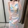 Summer Women Tie dye Pleated Camisole Halter Dress elegant Casual Fashion Chic Lady Straps Woman Long Sling Dress 210709