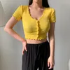 Ribbed Knit Ruffles Y2K Crop Top Manga Curta Mulheres T-shirt Feminino Verão Botão Acima Casual Basic Camiseta Streetwear 210510