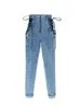 Hoge taille skinny jeans middelgrote straat mode slanke legging sexy elastische kant cross stropdas blauw zwart potlood broek 210604