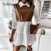 Sollinarryシックな偽の2ピースステッチ女性のドレスエレガントなシャツの襟フリルドレス春の夏のハイストリートアリネドレス210709