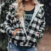격자 무늬 재킷 긴 소매 양고기 머리 패치 워크 패션 겨울 옷 여성 겉옷 자켓 streetwear 코트 210515