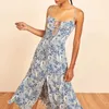 Strand-Sommerkleid mit Palmen-Print, Spaghettiträger vorne, Krawatte, sexy Schlitz-Slip-Kleid, elegante Midi-Kleider für Frauen 210712