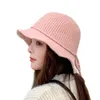 Sparsil Woman Knitted Wool Blend Bucket Hats Girl Dome Bow Knot Stripe Basin Cap Winter Warm Lotus Leaf Edge Foldable Soft Hat Wide Brim