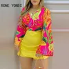 Women Two Piec Set All Over Print V Neck Wrap Top & Shorts Set Summer suit X0428