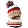 Kinder-Winter-2-teiliges Zopfmuster-Beanie-Mütze-Schal-Set mit süßem Pompom, kontrastfarbenen Streifen, Totenkopf-Mütze, Plüsch-gefütterter Halswärmer