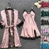 Женщины Pajama наборы халаты полиэфирные ночные одежды Pijama Feminino Spaghetti ремешок Pajamas кружева 210831