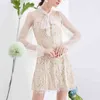 Khaki Gauze Lace Stitching Empire Bow Collar Long Sleeve Elegant Short Mini Dress Zipper Autumn Button Patchwork D0837 210514