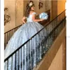 2022 Bahama Blue Prom Quinceanera Robes Floral 3D Fleurs Applique Cristal Perles Robes De Bal Hors Épaule Douce 16 Filles Adultes