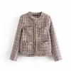 Za Autumn Winter Tweed Coat Fashion Women's Small Fragrance O-Neck Long Sleeve Wool Coat Vintage Cardigan Short woolen Jacket 210510