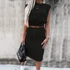 Sommar Kvinnor Kjol Suits Solid Färg Sexiga Ärmlös Tops Drawstring Kjol Set Casual Lady Two Piece Set Streetwear 2021
