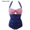 Sexy Bow Bandage Halter Collar Stitching Pink Striped One piece Swimwear Women Retro Backless Slim fit Swimsuit navyblue 210429