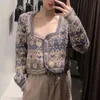 Fashion Women Square Collar Jacquard Knitting Short Sweater Female Long Sleeve Pullover Casual Lady Loose Tops SW1150 210430