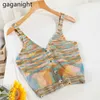 Women Knitted Crop Tops Ladies Patchwork Color Knitting Camis Sleeveless V Neck Short Vest Summer Sweater Tank 210601