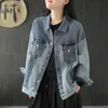 Johnature Autumn Retro Patchwork Pockets Turn-down Collar Single Breasted Denim Coats Leisure All-match Women Jacket 210521