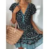 Blommor Drwomen Sommar Mode Korta Ärmar V-Neck Klänningar Multi-Färgad Girly Sweet Vintage Oversized Ladies Dress X0529