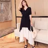 Summer Color-Blockerad V-Neck Long Maxi Klänning Kvinnor Kortärmad Asymmetrisk Koreansk Fashion Elegant Vestidos Klänningar Femme 210513