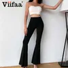 Viifaa noir solide taille haute Skinny Flare pantalon femmes froncé dos Slim Fit Femme printemps extensible pantalon 210706