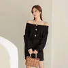 Lange Mouw Off Shoulder Sexy Jurk Band Dames Bodycon Mini Gebreide One Word Collar Solid Slanke Dameskleding 210506