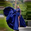 Elegant Royal Blue Evening Dresses Luxury Beaded Long Sleeves See Through Sexy Satin With Train Plus Size Prom Party Gowns Robe de mariée
