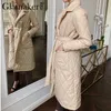 Glamaker Casual rhombus printed women winter parka Long deep pockets straight coat Female tailored collar outerwear 210913