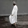 Johnature automne solide blanc col rond lanterne à manches longues femmes robe mode ample rétro coton lin grande taille robes 210521