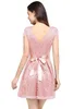 Delicate Pink A Line Mini Short Homecoming Dress Cocktail Party Above Knee Short Sleeve Lace Dresses Cps627