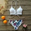 2021 Ny Sexig låghöjd bikini Set Women Swimsuit Lace Up Badkläder plus storlek Baddräkt Beach Wear Print Summer Biquini Female 210319