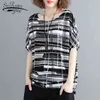 Plus la taille des femmes blouse chemise manches chauve-souris dames d'été tops imprimé mousseline de mousseline rayée blusas 0275 40 210521