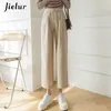 Jielur Fashion Wide Leg Pants Women Cotton Linen High Waist Solid Color Pockets Black Khaki Trousers S-XXL Spring 210925