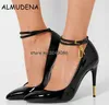 Sexy Pointed Toe Gold Padlock Chain Ankle Strap Ladies High Heels Snakeskin Dress Shoes Women Patent Leather Pumps