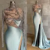 2022 Illusion Blue Aftonklänningar Appliques Långärmade Evenemangsfest Prom Lyckor Pärlor Kristaller Sexig High Split Robe de Soiree CG001