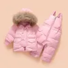 Kalın Sıcak Bebek Bebek Snowsuit 2 Adet Kapşonlu Düğmeler Aşağı Ceketler + Tulum Yeni Kış Yürüyor Erkek Kız Giyim Setleri Kar Giyim H0909