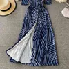 Sommarstil och elegans Maxi Vestidos Kvinnors V-Neck Lace-up Waist Split Print One-Piece Wrap Dress C655 210506