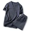 Summer Chinese Style Cotton and Linen Suit Men's Short-sleeved T-shirt Nine-point Pants Two-piece Men's Clothing G220224