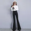 ATDYSPM Merk Flare Broek voor Vrouwen Nieuwe 2020 Mode Parels Kralen Slit Hoge Taille Broek Office Black Q0801