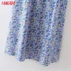 Tangada Summer Women Blue Flowers Print Vintage Dress Square Neck Krótki Rękaw Panie Midi Robe 2m56 210609