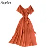 Neploe New French Style Women Dresses Elegante O-Collo pieghettato con coulisse Vita sottile Abiti Tinta unita Abito di media lunghezza 1J001 210423