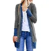 Women's Long Sleeve Ribbed Neckline Open Front Stripe Snap Button Down Knit Cardigans Sweater Coats 211011