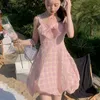 Kore Tatlı Pembe Ekose Kolsuz Seksi Prenses Elbise Kadınlar Yüksek Bel A-Line Boho Beach Tatil Partisi Rahat Robe Femme 210514