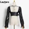 lautaro y2k Black Faux Leather Crop Top Women Receed Neck Long Sleeve Studper Stack Stacked بالإضافة إلى الحجم المثير عارية الذروة 210923