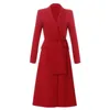 Sexy Chic Elegant Blazer V Neck Long Sleeve Sashes With Buckle Red Office Lady Women Business Midi Dress 210603