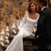 Elegante Übergröße, einfache Satin-Meerjungfrau-Hochzeitskleider, langärmelige Brautkleider, rückenfrei, Hofzug-Brautkleid nach Maß