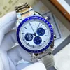 42mm Miyota Quratz Chronograph Mens Watch 310.32.42.50.02.001 Blue Ceramic Bezel White Dial Stainless Steel Bracelet Stopwatch Puretime I11b2