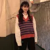 Women Knitted Vest Pullovers V Neck Sleeveless striped Jumper Korean Loose Sweater female (C9301) 210508