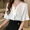 Casual Short Sleeve V-neck White Pink Elegant Office Lady Ruffle Blouse Women Clothing Solid Tops and Blouses 9606 210508